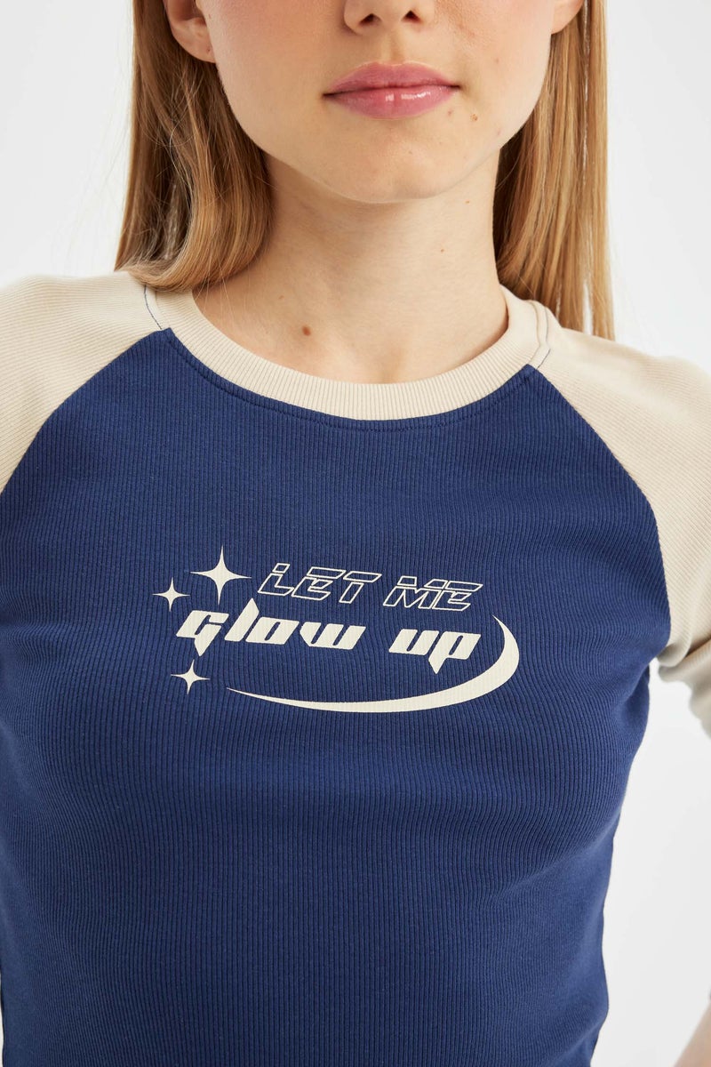 DeFacto Blue Woman Fitted Crew Neck Ribbed Camisole Printed T-Shirt Casual - Image 4